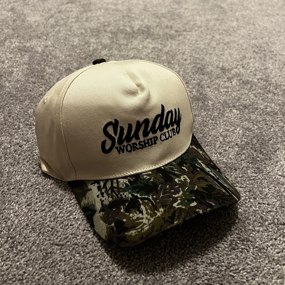 Sunday Worship Club Embroidered Cap with Camo Brim
